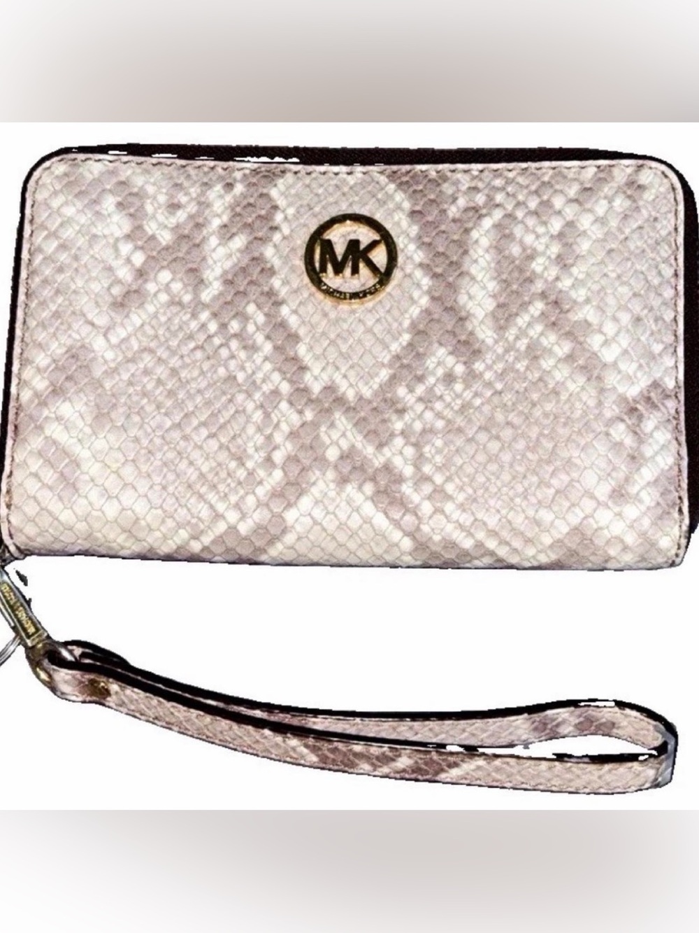 Michael Kors Snake-Print Beige Wristlet with Gold MK Emblem